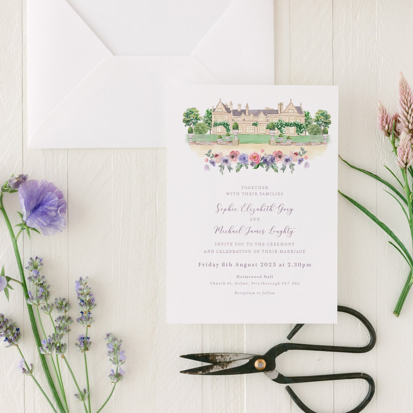 lavender wedding invitation set with custom venue illustration and envelope liner